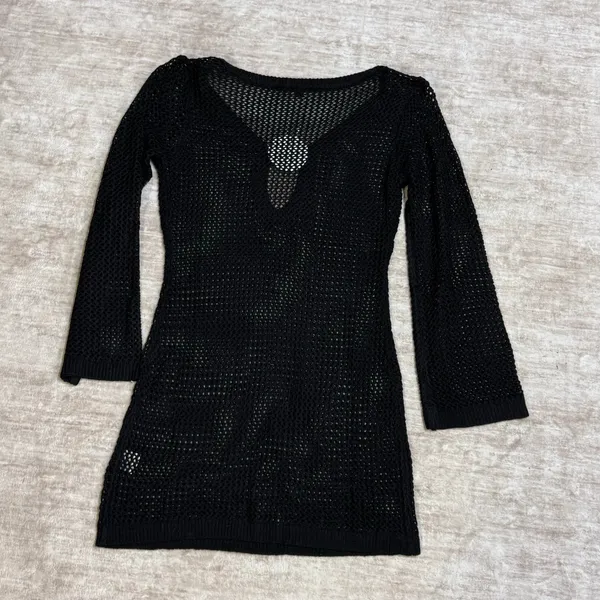 Anrabess Women’s Small Black Crochet Swimsuit Coverup Dress Long Sleeve Plunging - Image 6