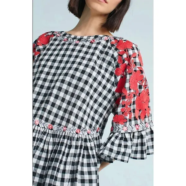 Anthropologie Pankaj & Nidhi checkered gingham embroidered floral swing blouse s - Image 2