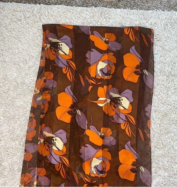 Retro Cejon Brown & Orange Floral Rectangle Neck Scarf - Image 3