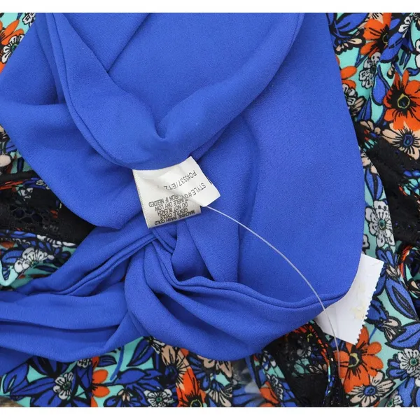 NWT Belle Du Jour Printed Lace Hem Tank Top Blouse With Scarf Blue / Multi M - Image 9