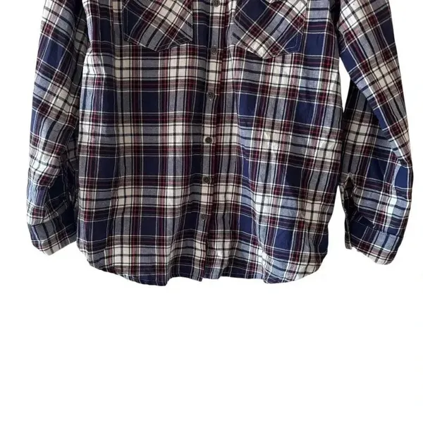 Altar’d State Shirt Button Front Blue Plaid Flannel Mixed Media Lace SZ L #2315 - Image 3