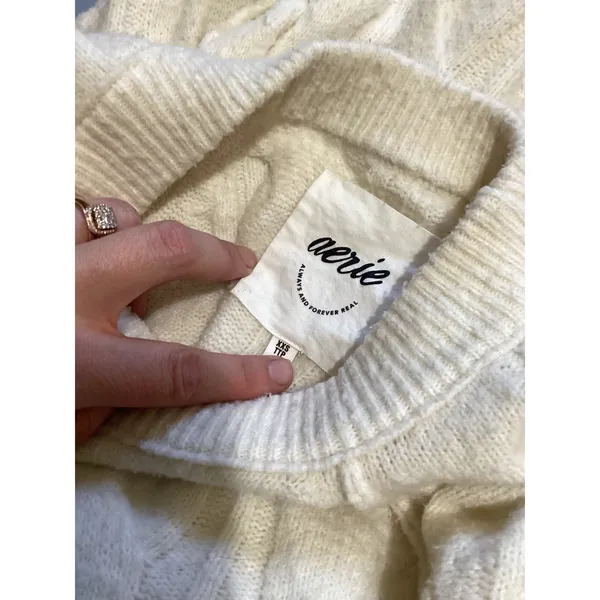 Aerie Cable Knit Sweater Cream White Crew Neck Pullover XXS 0970 - Image 4