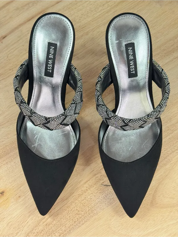 Nine West Greet Rhinestone Strap‎ Pointed Toe Mule Pumps Black Silver 7 - Image 4