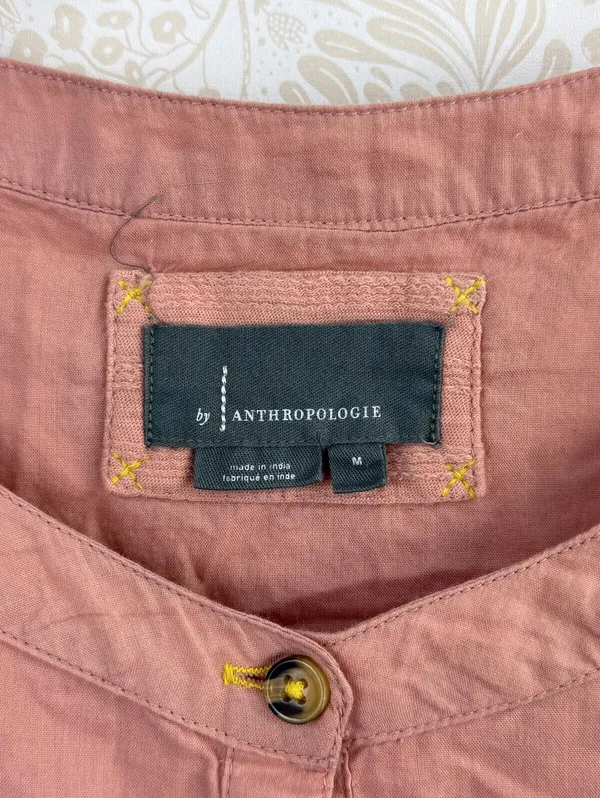 Anthropologie Pink Short Sleeve Button Front Elinor Textured Top - Size - Medium - Image 7