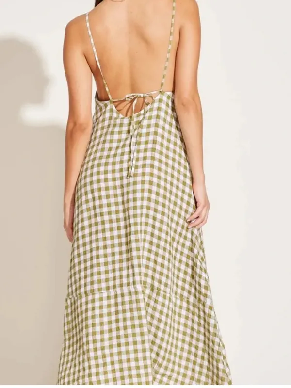 VITAMIN A Mari Gingham Linen Cover-Up Maxi Dress Ecolinen Avocado Gingham Sz S - Image 3