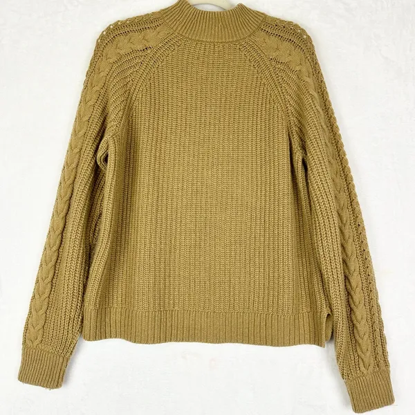 J Crew Women's Pom Pom Cable Knit Sweater Size Large Lambswool Blend Camel - Image 3