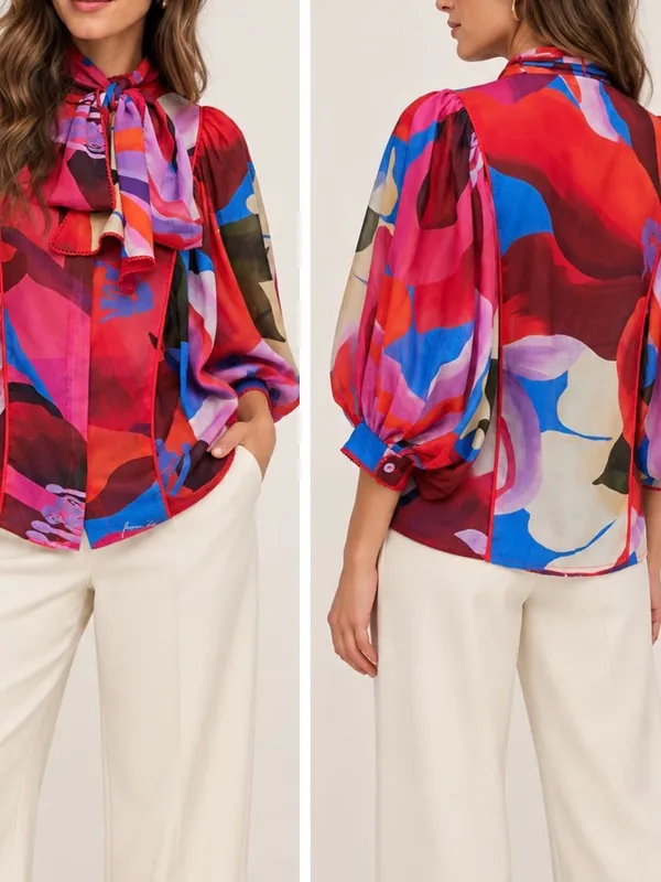 Farm Rio Watercolor Floral Blue Balloon Sleeve Tie Neck Blouse - Image 2