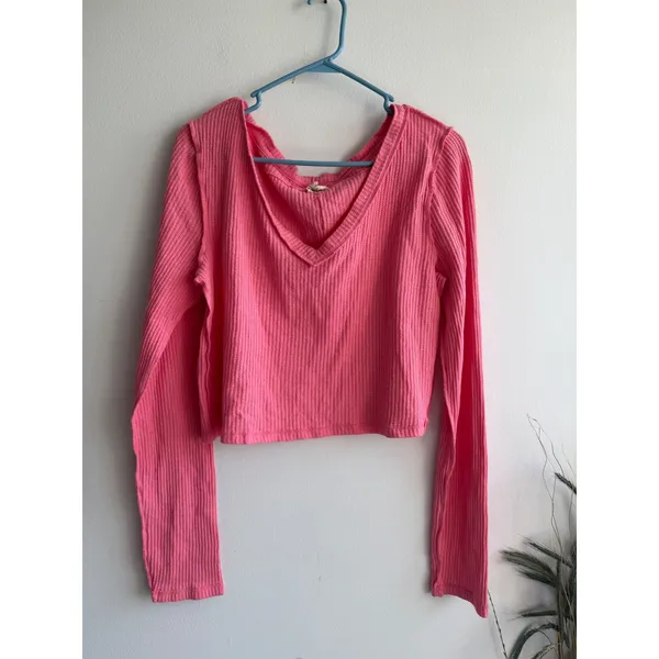 We The Free‎ Free People Pink Waffle Knit Thermal V-Neck Cropped Top XL - Image 2