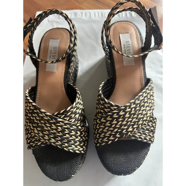 Steven New York Woven Espadrille Wedge Sandals Black Tan Ankle Strap Platform - Image 6