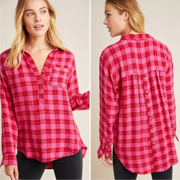 Anthropologie Isadora Button-Back Tunic Posy Pink Shirt‎ Blouse Top Plaid Medium - Image 2
