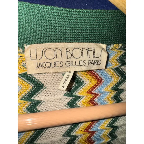 Vintage Jacques Gilles Wool Rainbow Chevron Cardigan Medium Retro 70s Italy Flaw - Image 8
