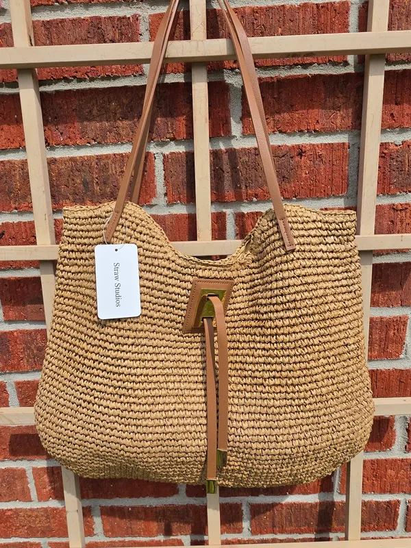 Anthropologie Beige raffia Woven & Brown Leather Tote - Image 2