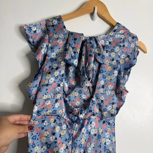 NWT Altar'd State Blue Floral Dress Silky Feel Flutter Sleeves Medium Romantic‎ - Image 8