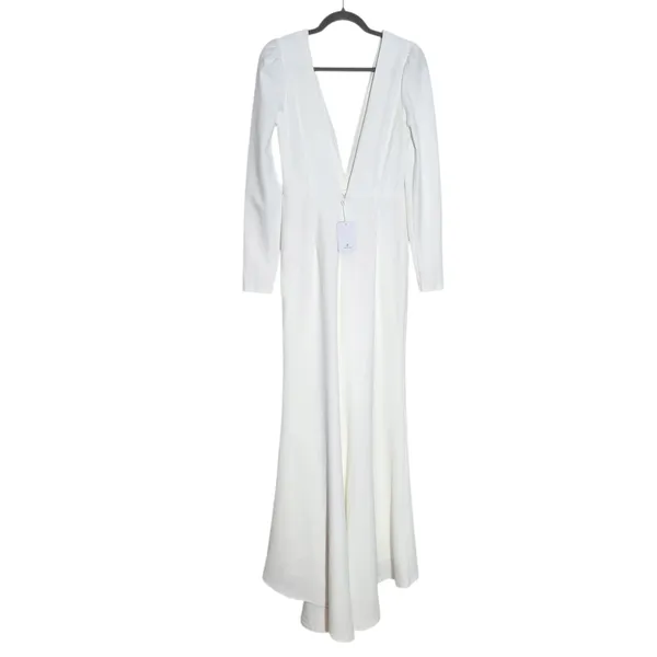 Lulus White Long Sleeve Mermaid Wedding Dress with Deep V-Neck NWT Size Small - Image 3