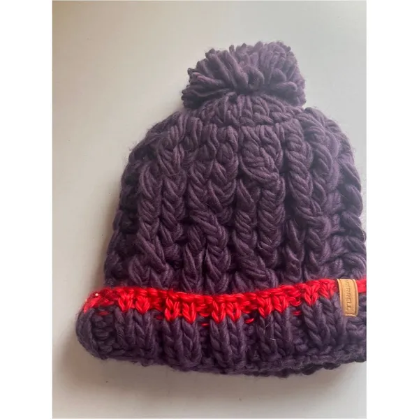Chunky Knit Pom Beanie in Purple with Red Stripe Merrell - Image 3
