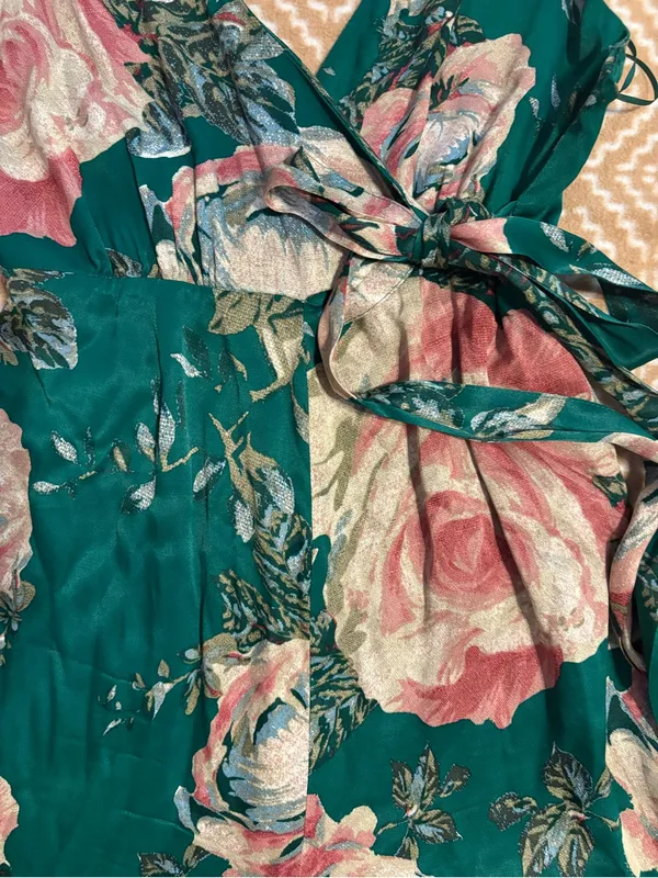 Free People Teal Floral Wrap Jumpsuit with Tie Waist - Image 4