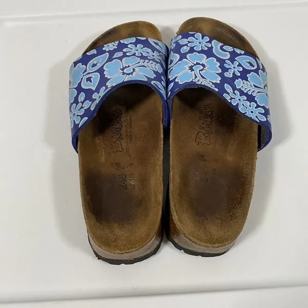 Birkis by Birkenstock Slide Sandals Blue Flower‎ Womens Size 38 Narrow W7 - Image 7