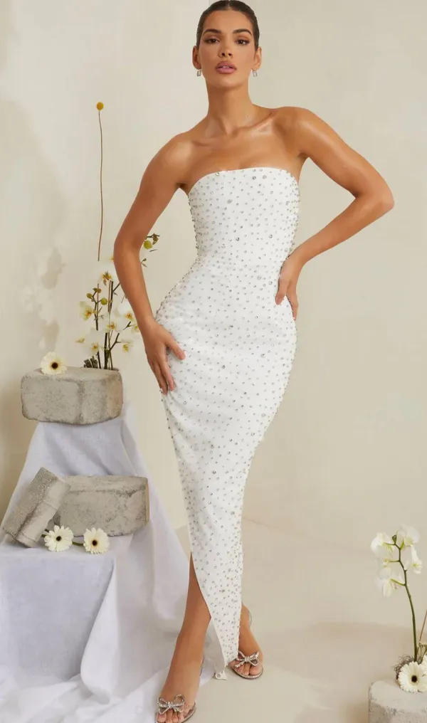 Oh Polly VIVICA Hand Embellished Asymmetric Midi Dress in White Bridal Dress - Image 2
