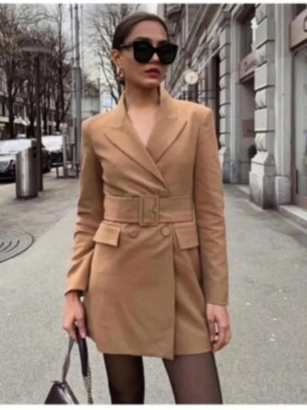 Zara Camel Double-Breasted Belted Trench Coat‎ - Image 15