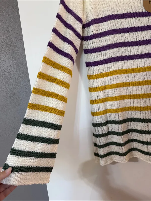 BiBi Cream Crewneck Sweater with Purple, Gold and Green Stripes - Image 3