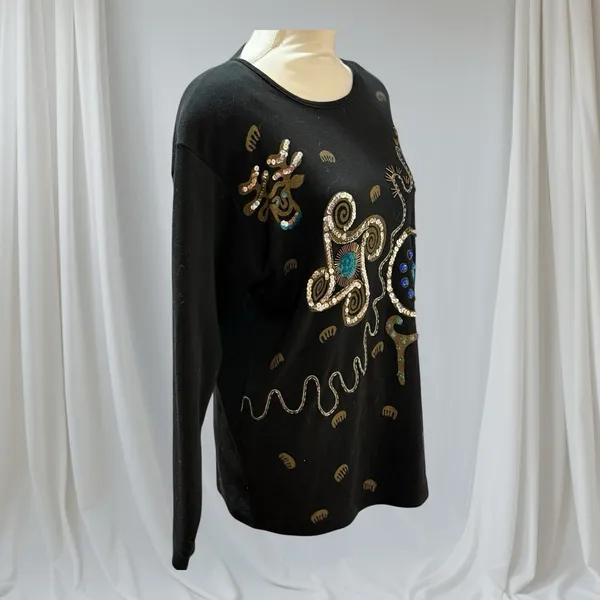 Christina Vintage 80s Beaded Sequin Sweater Black Blue‎ Ramie Cotton - Image 6