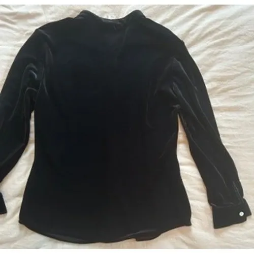 Coldwater Creek Black Stretch Velvet Button Down Mock Neck Top Small - Image 8
