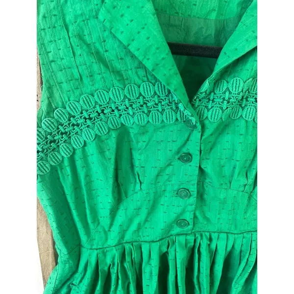 Midi Green Embroidered Teaparty Button Collared Textured Tank Dress Womens S/M - Image 5
