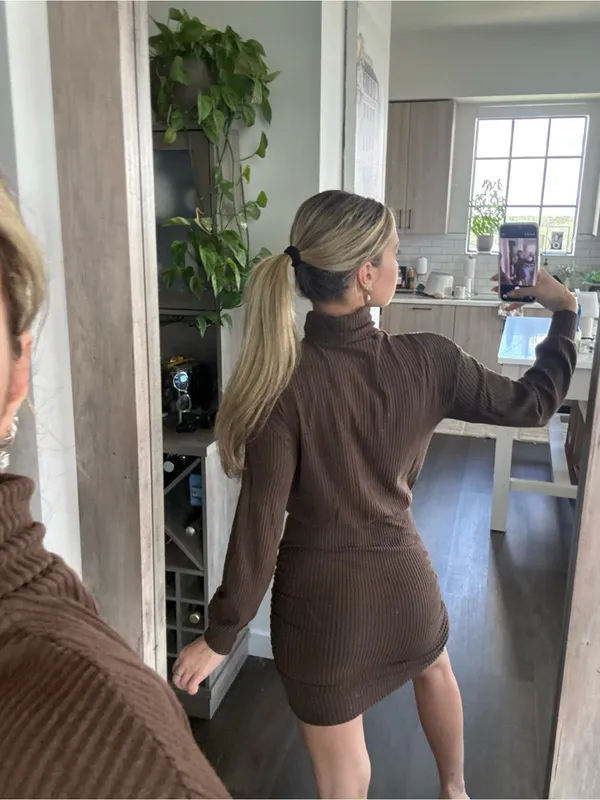 Anrabess Ribbed Mock-Neck Mini Dress in Dark Brown (Size XS) - Image 2