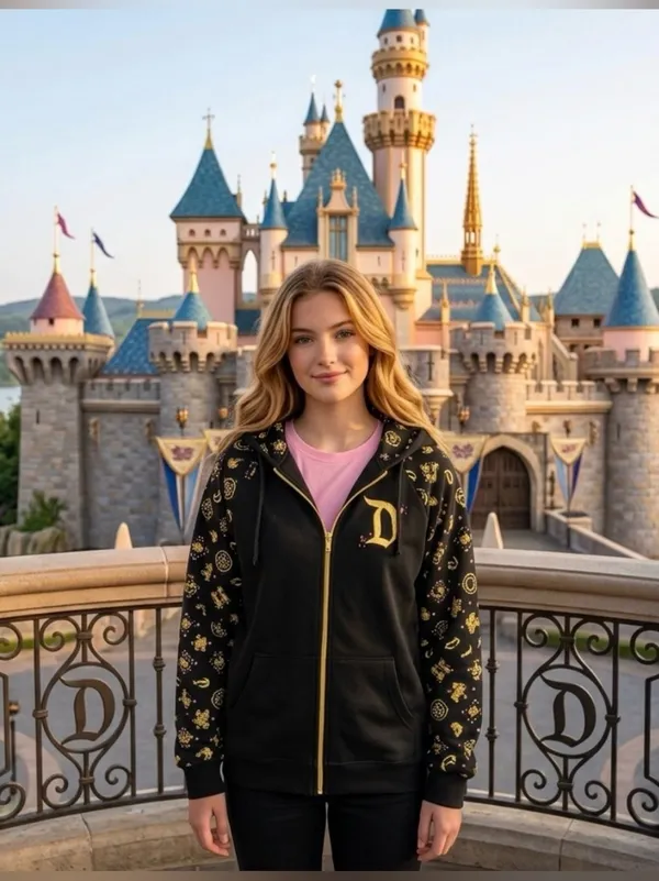 Disney Disneyland Sleeping Beauty Castle Zip Up Hoodie large L Black Gold Foil Jacket - Image 4