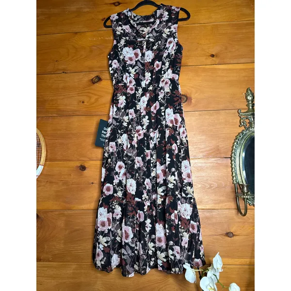 Lulus In My Dreams Black and Pink Floral Print Midi Dress Tiered Resort Small - Image 5