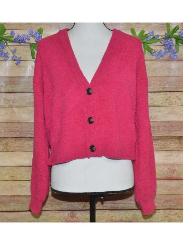 Active USA Ladies Hot Pink Crop Button Up Cardigan Sweater Size L Comfy Casual - Image 3