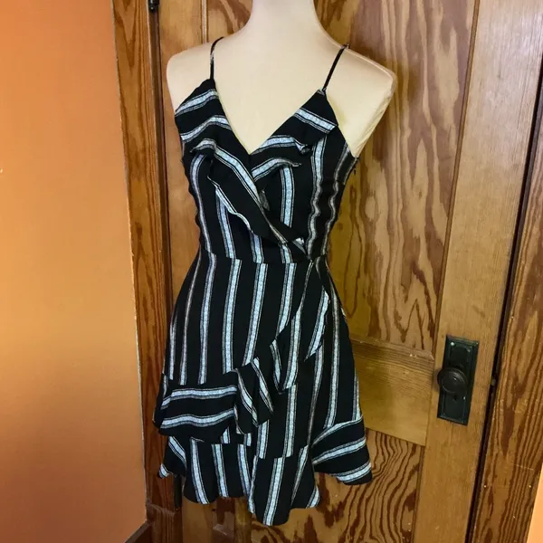 Lydelle Small Black White Striped Ruffle Crossover Mini Dress - Image 7