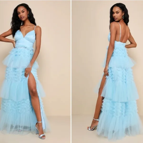 LULU's Prom Wedding Sexy Tiered Ruffles Boho Chic Blue Maxi Dress NWOT - Image 2