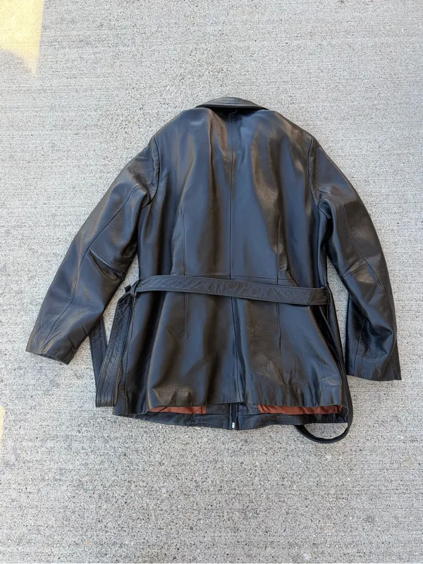 Wilsons Leather Mid length black 100% leather belted jacket removable lining Lg - Image 5
