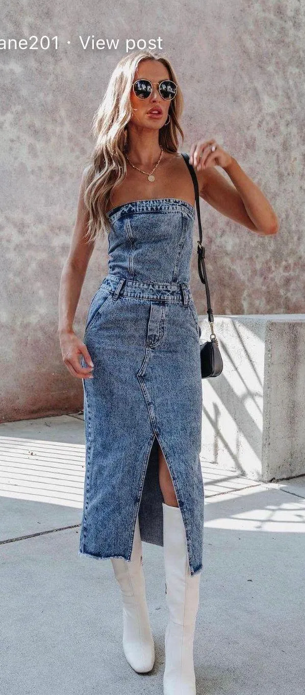 Lane201 Denim Tube Midi Dress - Image 3
