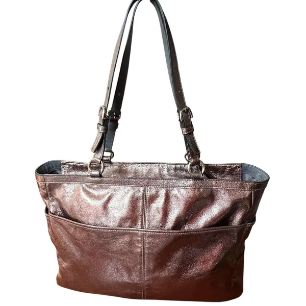 Coach Tote Bag Womens Large Bronze Metallic Leather Zip Shoulder Purse Charm - Image 2