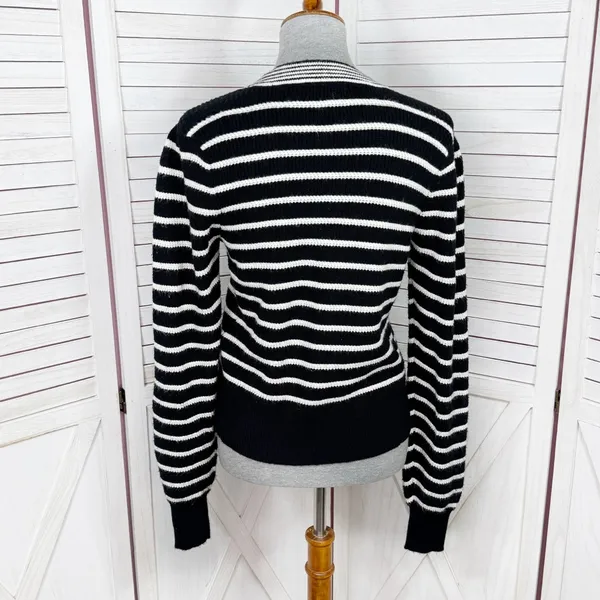 Bagatelle Collection Striped V Neck Cardigan‎ Sweater Black White Small - Image 4