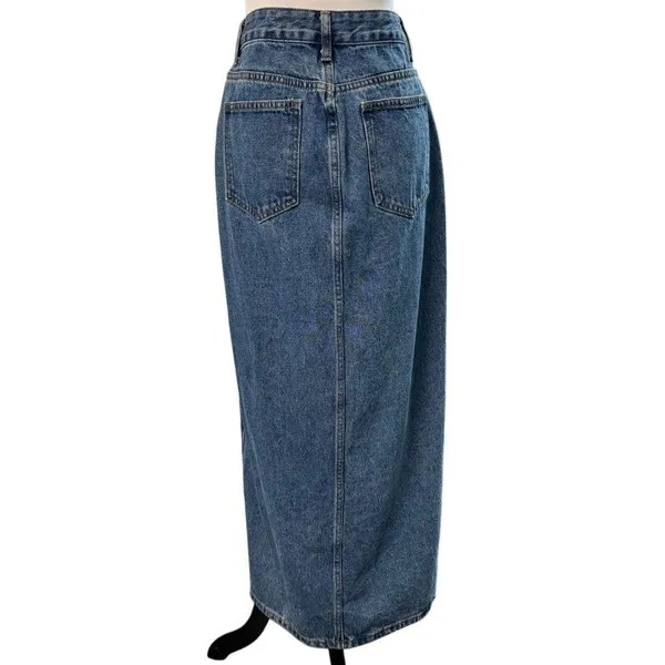 Women’s Blue Denim Maxi Skirt Front Slit Size M Cotton Jean Skirt Long - Image 3