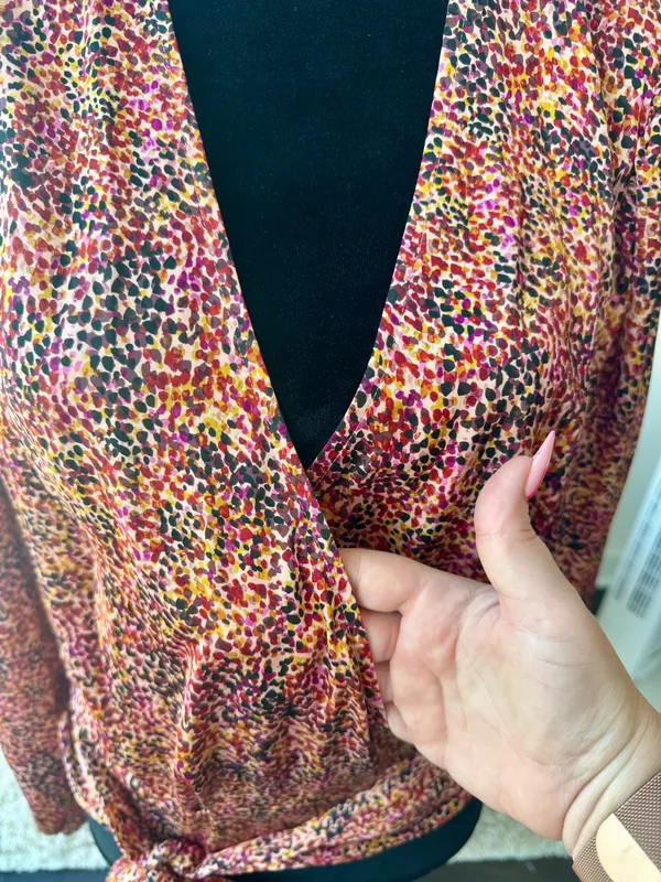Express Orange Multicolor Satin Wrap Front V-Neck Blouse Size Large NEW! - Image 2