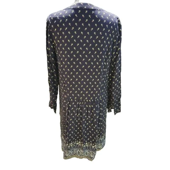 Garnet Hill Women's Dropwaist Button-Up Dress Long‎ Sleeve Boho Navy Floral 6 - Image 5