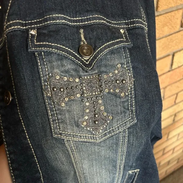 Ethyl Vintage Jean Denim Jacket Women’s Size 1X Gemstone Bedazzled Cross Y2K - Image 7