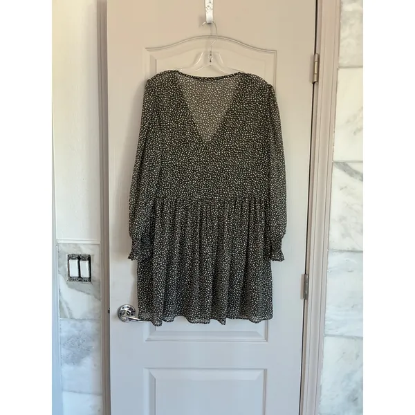 Zara Womens Green Cream Polka Dot Smocked‎ V-Neck Mini Dress L - Image 14