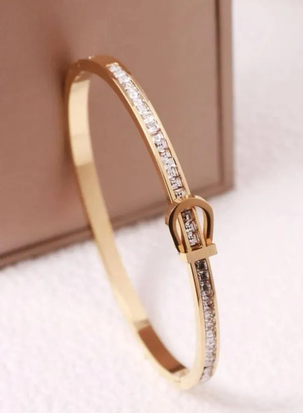 Women Fashion Stainless Steel Rhinestone Decor Bangle Bracelet - Image 2