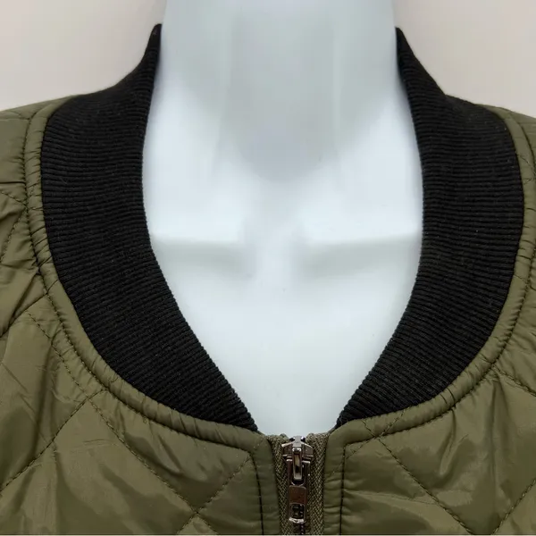 Zeagoo Women’s Green Khaki Quilted Bomber Jacket Black Bibbed neck Trim/Cuffs-L - Image 3