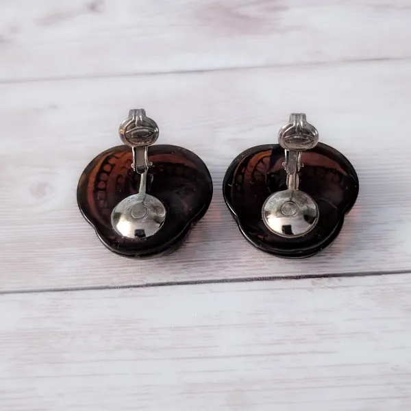 Vintage Clip On Earrings Really Unusual Slightly Opaque Brown Tone Statement - Image 5