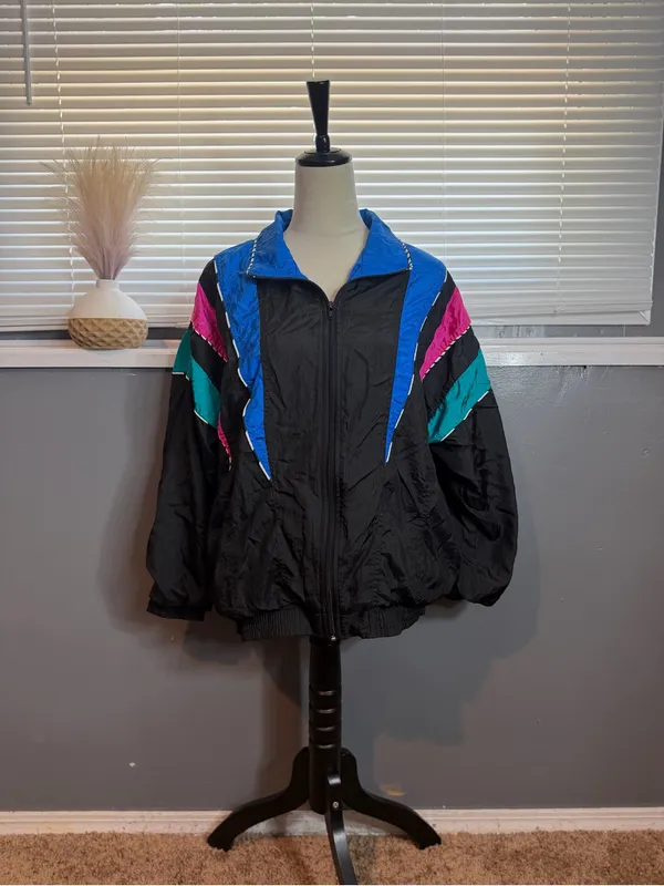 Black Bomber Jacket with Blue, Teal & Pink Panels - Image 3