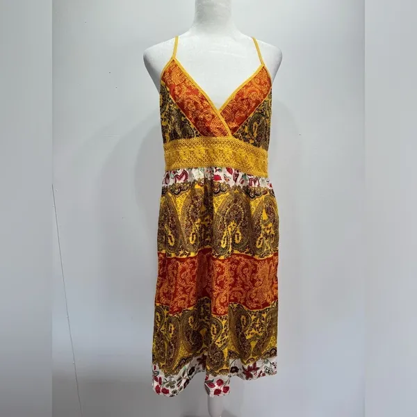 Daytrip Slip Dress Multicolored Boho Paisley Crochet Waistband Spaghetti Straps - Image 2