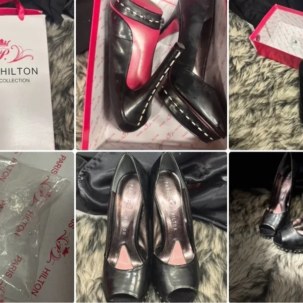 Paris Hilton Black Patent Peep Toe Platform Pumps Pink‎ Bottom Heels Size 8.5M - Image 2