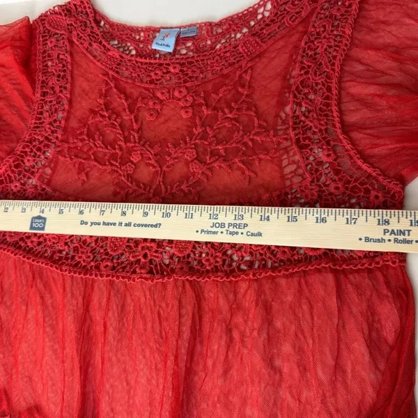 Pink Melo Red Mesh Crochet Lace Peplum Top Bell Sleeve Boho Large Festival Goth Dark Fairy - Image 10
