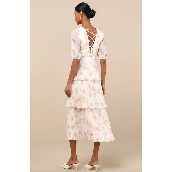 Lulus Jadia Ivory Floral Pleated Tiered Midi Dress Cocktail Party XL NWT - Image 2